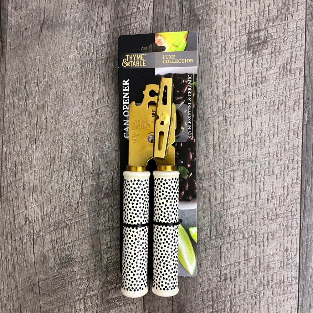 Thyme & Table Luxe Collection Gold Stainless Steel Can Opener Ceramic Polka Dot